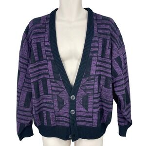 Vintage Saturdays Men Geometric Cardigan Sweater 80s 90s Abstract Size S Purple